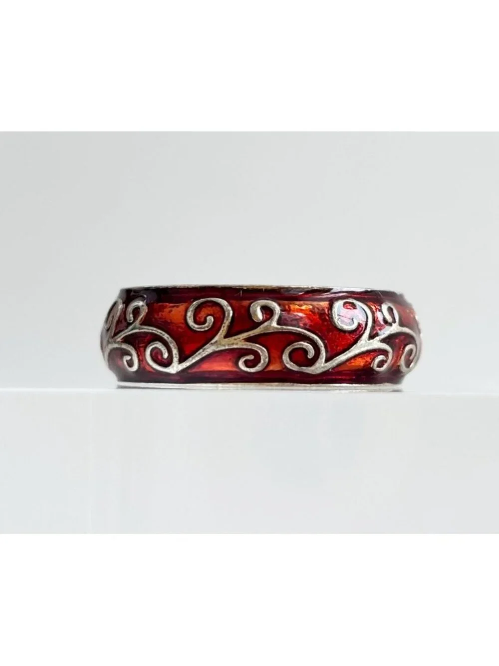 Orange Enamel Art Nouveau Inspired Sterling Silver 925 Vintage Ring - sz 9.75